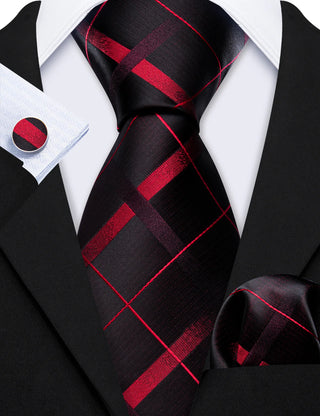Black Red Plaid Silk Necktie Pocket Square Cufflinks Set