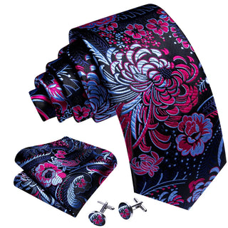 Blue Red Jacquard Paisley Silk Men's Necktie Pocket Square Cufflinks Set