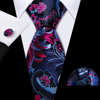 Blue Red Jacquard Paisley Silk Men's Necktie Pocket Square Cufflinks Set