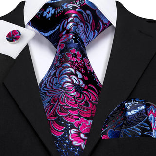 Blue Red Jacquard Paisley Silk Men's Necktie Pocket Square Cufflinks Set