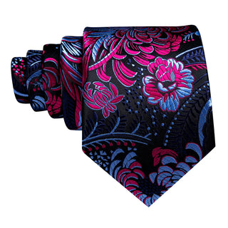 Blue Red Jacquard Paisley Silk Men's Necktie Pocket Square Cufflinks Set
