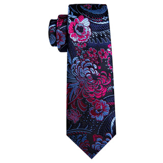 Blue Red Jacquard Paisley Silk Men's Necktie Pocket Square Cufflinks Set