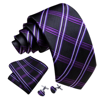 Black Purple Plaid Silk Men's Necktie Pocket Square Cufflinks Set