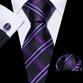 Black Purple Plaid Silk Men's Necktie Pocket Square Cufflinks Set