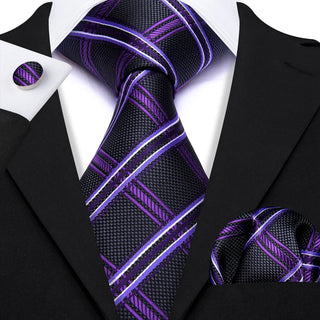 Black Purple Plaid Silk Men's Necktie Pocket Square Cufflinks Set