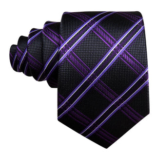 Black Purple Plaid Silk Men's Necktie Pocket Square Cufflinks Set