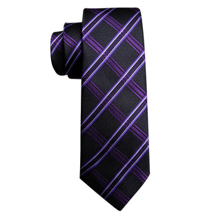 Black Purple Plaid Silk Men's Necktie Pocket Square Cufflinks Set