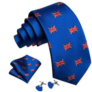 Blue Great Britain Silk Men's Necktie Pocket Square Cufflinks Set