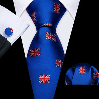 Blue Great Britain Silk Men's Necktie Pocket Square Cufflinks Set
