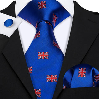 Blue Great Britain Silk Men's Necktie Pocket Square Cufflinks Set