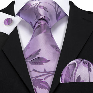 Pale Lavender Leaf Floral Silk Necktie Pocket Square Cufflinks Set