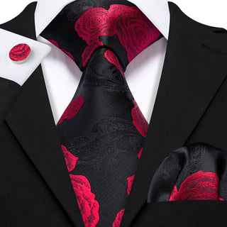 Black Red Floral Silk Necktie Pocket Square Cufflinks Set