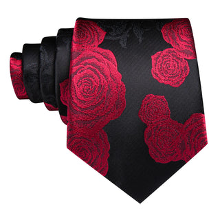 Black Red Floral Silk Necktie Pocket Square Cufflinks Set