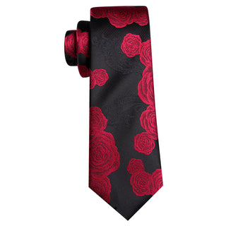 Black Red Floral Silk Necktie Pocket Square Cufflinks Set