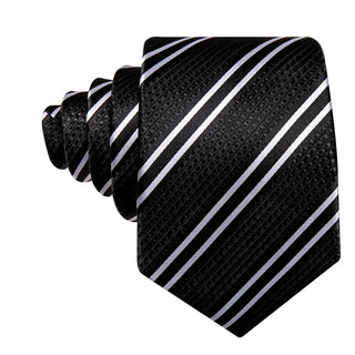Black White Stiped Silk Necktie Pocket Square Cufflinks Set