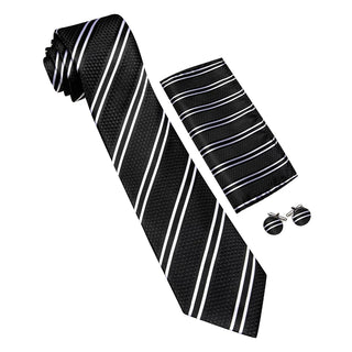 Black White Stiped Silk Necktie Pocket Square Cufflinks Set
