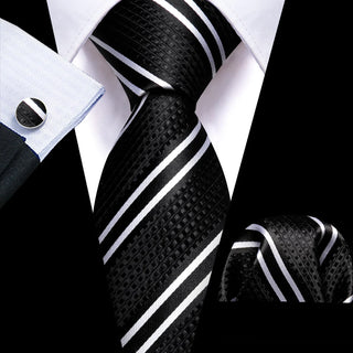 Black White Stiped Silk Necktie Pocket Square Cufflinks Set