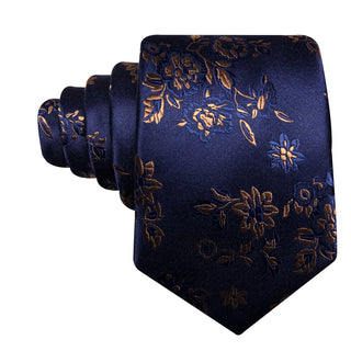 Blue Brown Jacquard Floral Silk Necktie Pocket Square Cufflinks Set