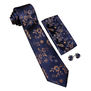 Blue Brown Jacquard Floral Silk Necktie Pocket Square Cufflinks Set