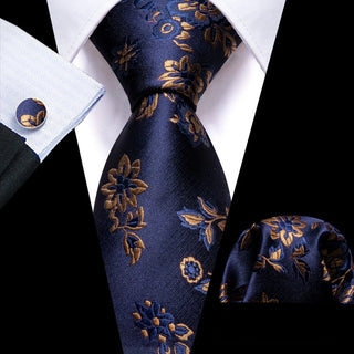 Blue Brown Jacquard Floral Silk Necktie Pocket Square Cufflinks Set