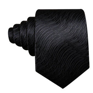 Solid Black Geometric Silk Men's Necktie Pocket Square Cufflinks Set