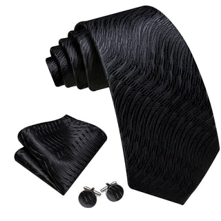 Solid Black Geometric Silk Men's Necktie Pocket Square Cufflinks Set