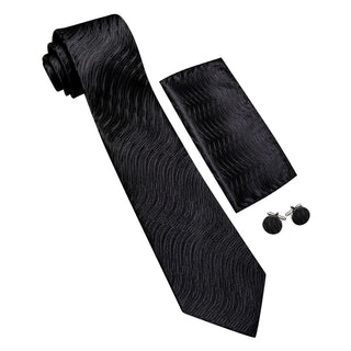 Solid Black Geometric Silk Men's Necktie Pocket Square Cufflinks Set