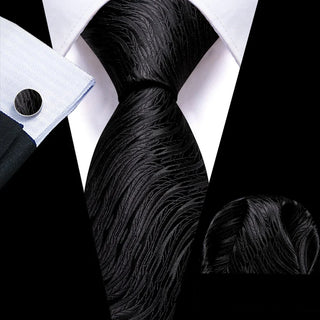 Solid Black Geometric Silk Men's Necktie Pocket Square Cufflinks Set