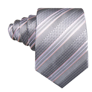 Silver Grey Striped Silk Men's Necktie Pocket Square Cufflinks Set
