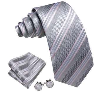 Silver Grey Striped Silk Men's Necktie Pocket Square Cufflinks Set