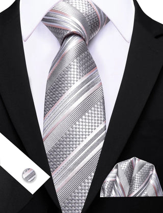 Silver Grey Striped Silk Men's Necktie Pocket Square Cufflinks Set