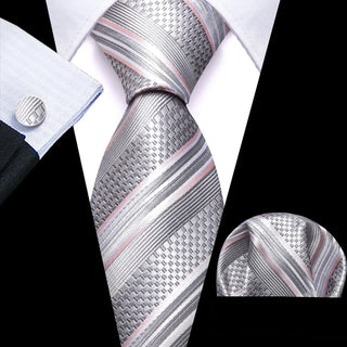 Silver Grey Striped Silk Men's Necktie Pocket Square Cufflinks Set