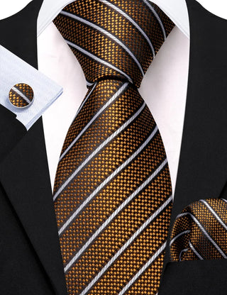 Gold White Striped Silk Men's Necktie Pocket Square Cufflinks Set