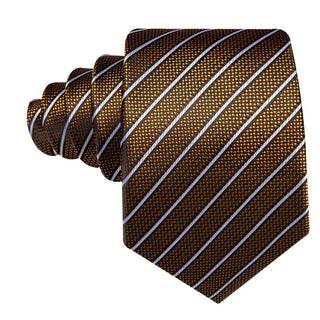 Gold White Striped Silk Men's Necktie Pocket Square Cufflinks Set