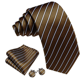 Gold White Striped Silk Men's Necktie Pocket Square Cufflinks Set