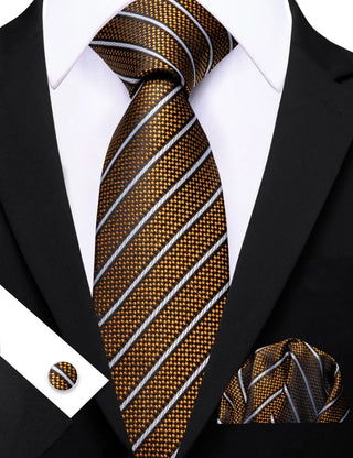 Gold White Striped Silk Men's Necktie Pocket Square Cufflinks Set