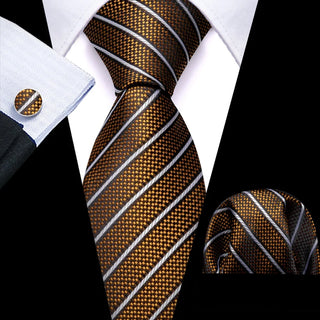 Gold White Striped Silk Men's Necktie Pocket Square Cufflinks Set