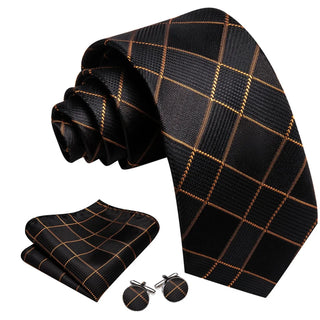 Black Plaid with Golden Stripes Silk Men's Necktie Pocket Square Cufflinks Set