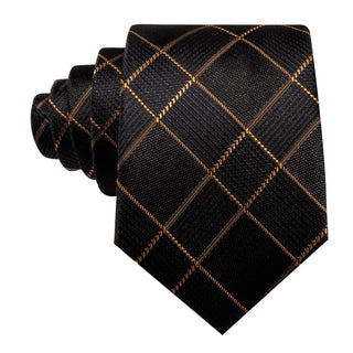 Black Plaid with Golden Stripes Silk Men's Necktie Pocket Square Cufflinks Set
