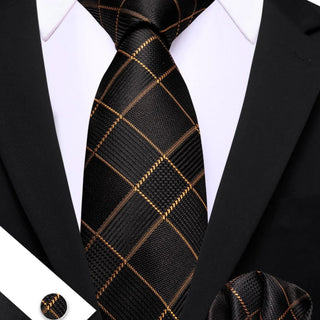 Black Plaid with Golden Stripes Silk Men's Necktie Pocket Square Cufflinks Set