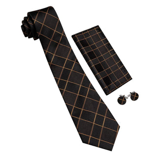 Black Plaid with Golden Stripes Silk Men's Necktie Pocket Square Cufflinks Set
