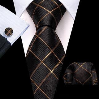 Black Plaid with Golden Stripes Silk Men's Necktie Pocket Square Cufflinks Set