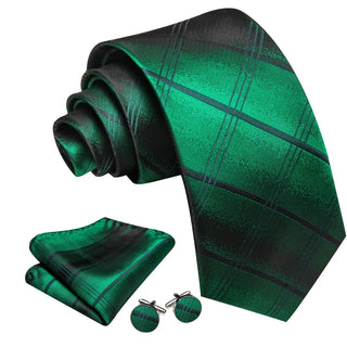 Emerald Green Plaid Silk Men's Necktie Pocket Square Cufflinks Set
