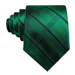 Emerald Green Plaid Silk Men's Necktie Pocket Square Cufflinks Set