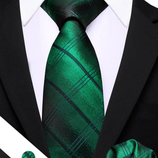 Emerald Green Plaid Silk Men's Necktie Pocket Square Cufflinks Set