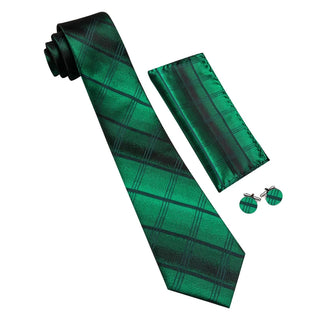 Emerald Green Plaid Silk Men's Necktie Pocket Square Cufflinks Set