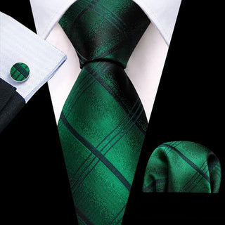 Emerald Green Plaid Silk Men's Necktie Pocket Square Cufflinks Set