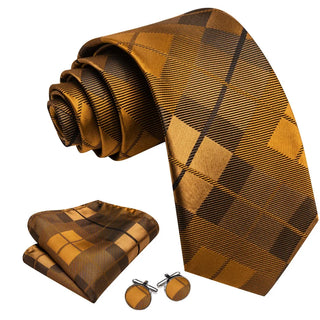 Peru Brown Plaid Silk Men's Necktie Pocket Square Cufflinks Set
