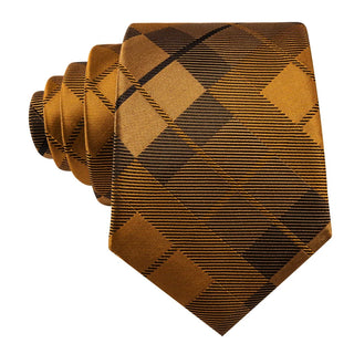 Peru Brown Plaid Silk Men's Necktie Pocket Square Cufflinks Set