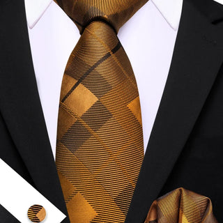 Peru Brown Plaid Silk Men's Necktie Pocket Square Cufflinks Set